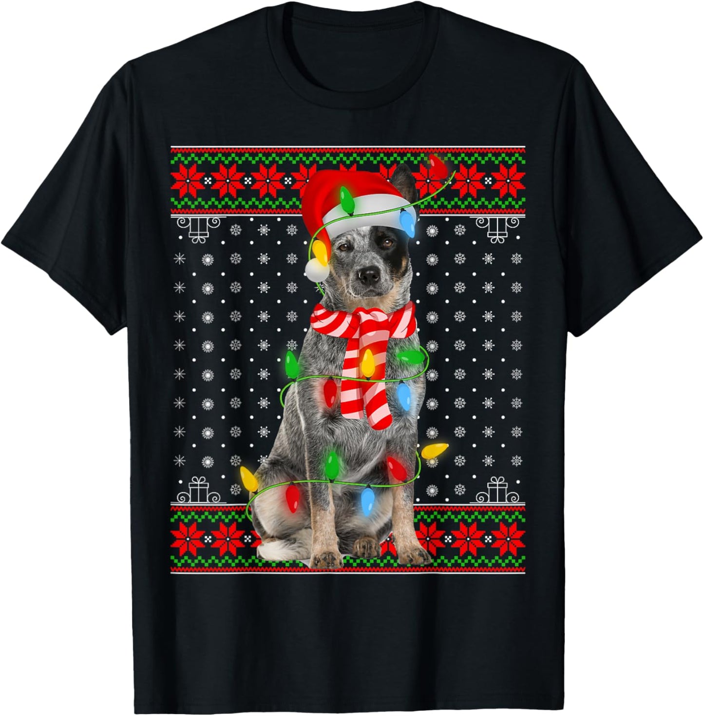 Ugly Xmas Dog Lights Santa Hat Blue Heeler Dog Christmas T-Shirt