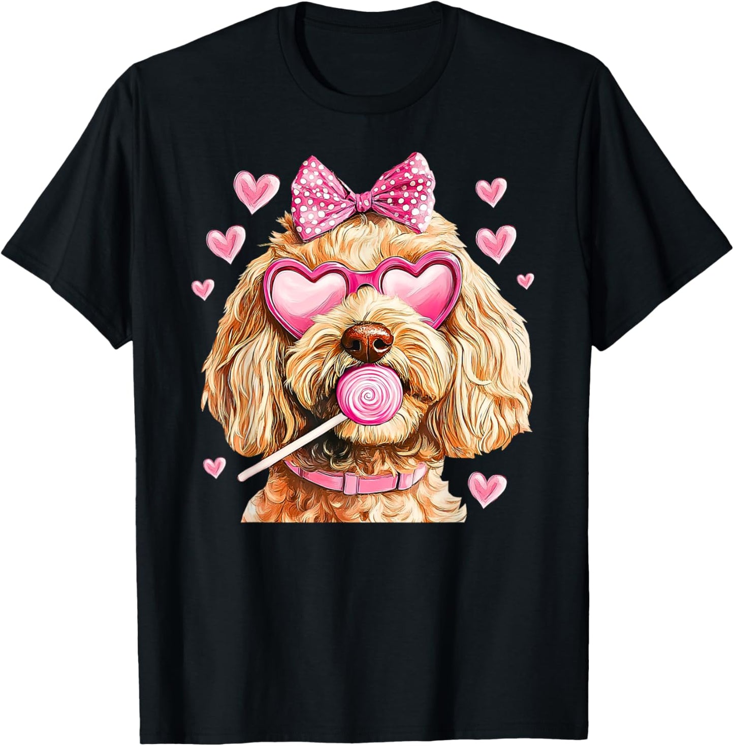 Cute Goldendoodle Wearing Glasses Heart Puppy Valentines Bow T-Shirt