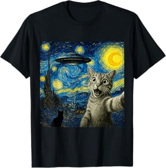 Cat Selfie With Alien UFO Cat Starry Night Van Gogh Women T-Shirt