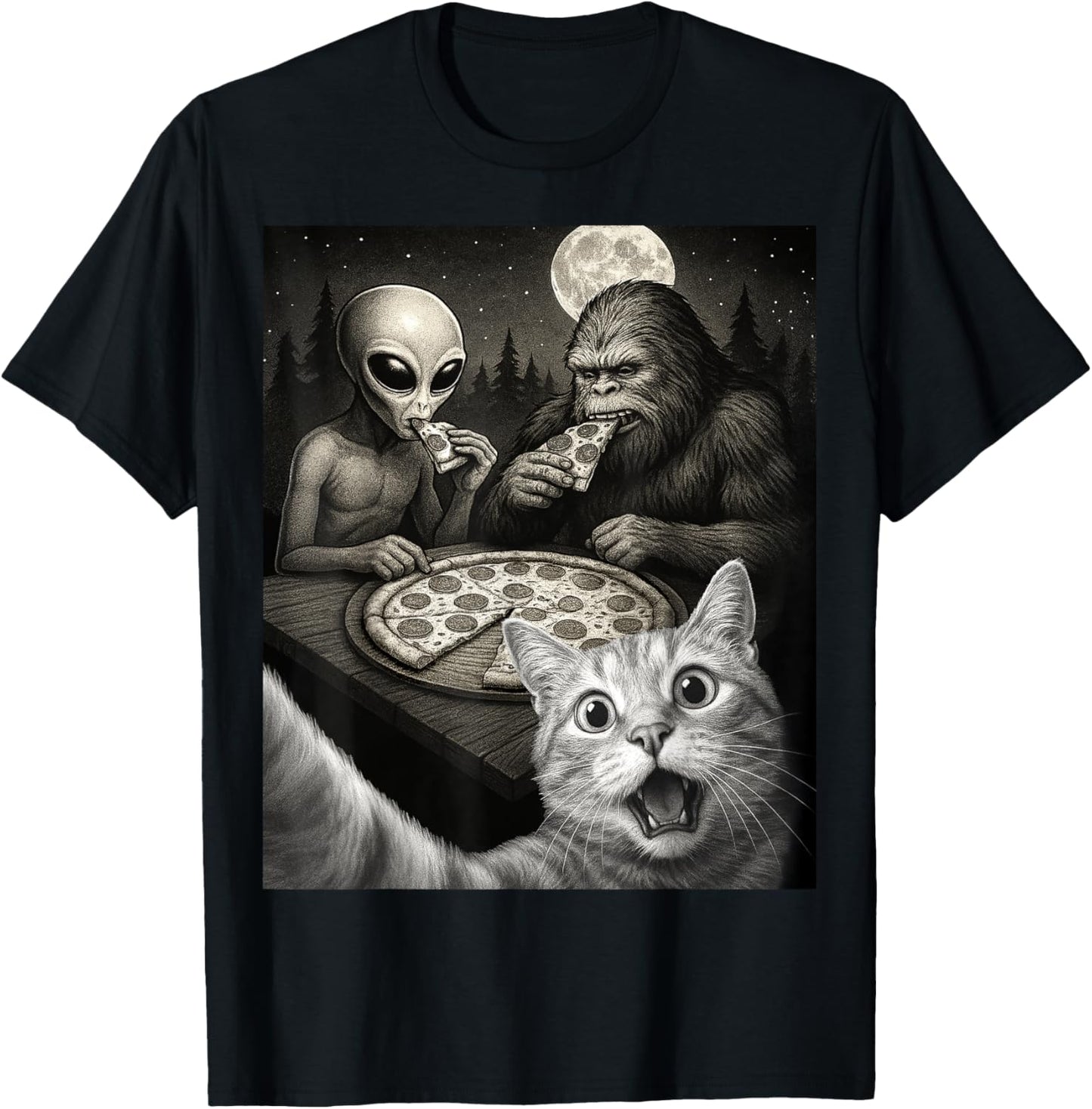 Funny Selfie of Cat With Bigfoot Eating Pizza With An Alien T-Shirt