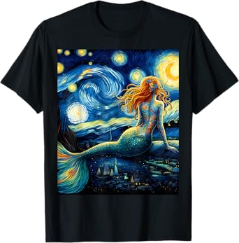 Mermaid Under Starry Night Sky Art Graphic Christmas T-Shirt