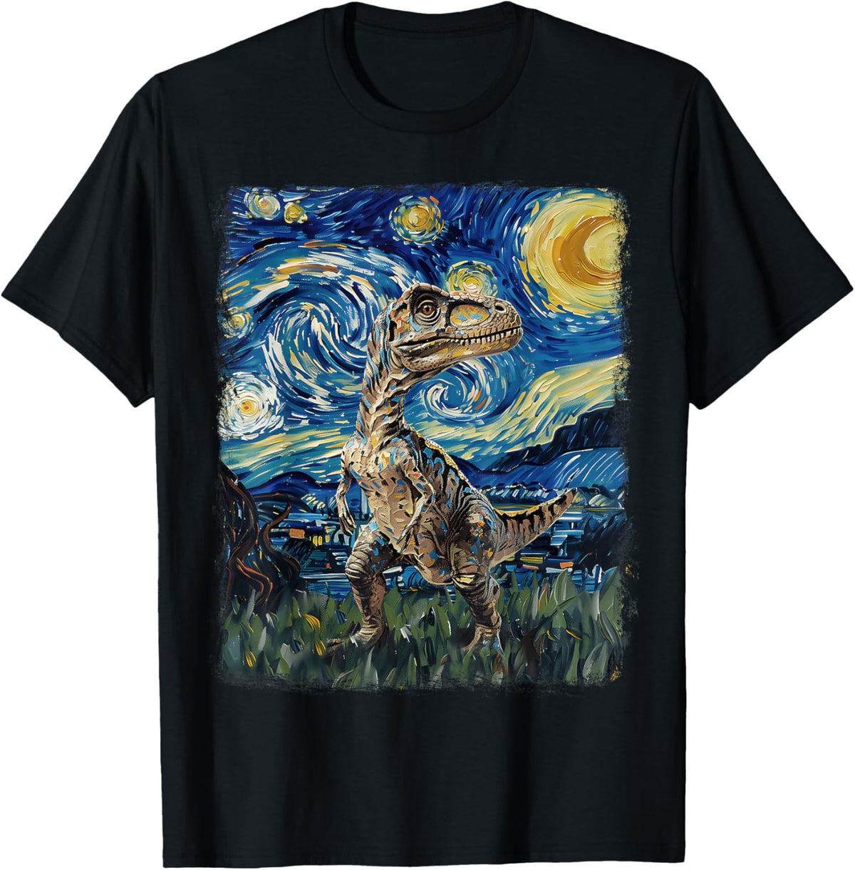Velociraptor Dinosaur Starry Night Painting T-Shirt