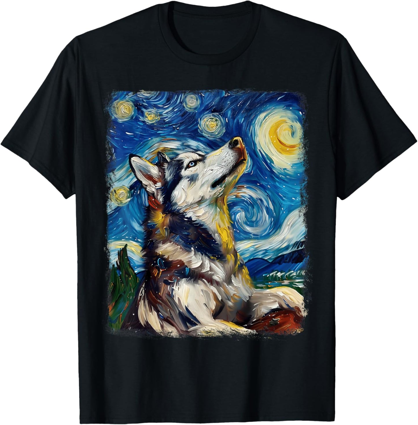 Siberian Husky Dog Starry Night Painting T-Shirt