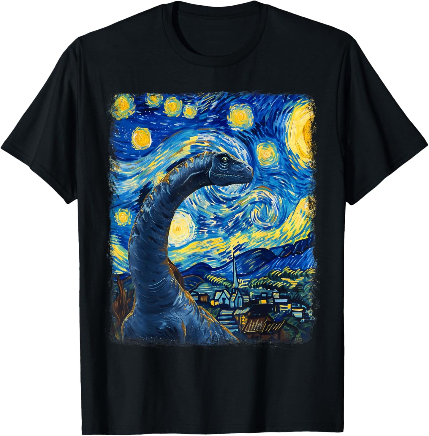 Brontosaurus Dinosaur Starry Night Painting T-Shirt