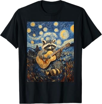 Funny Raccoon Play Guitar Guitarist Starry Night Van Gogh T-Shirt
