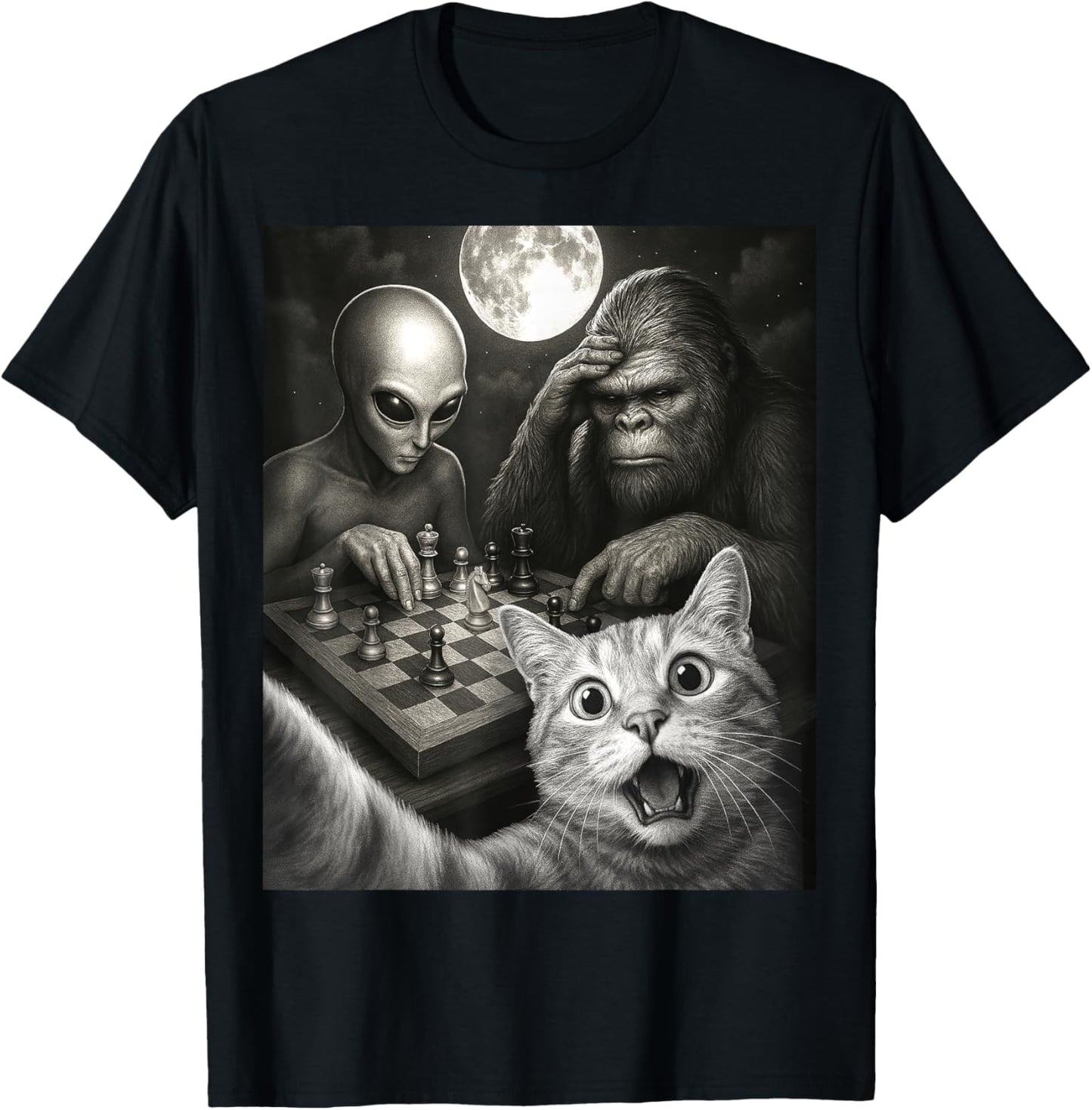 Funny Cat Selfie with a Bigfoot Playing Chess With Alien T-Shirt