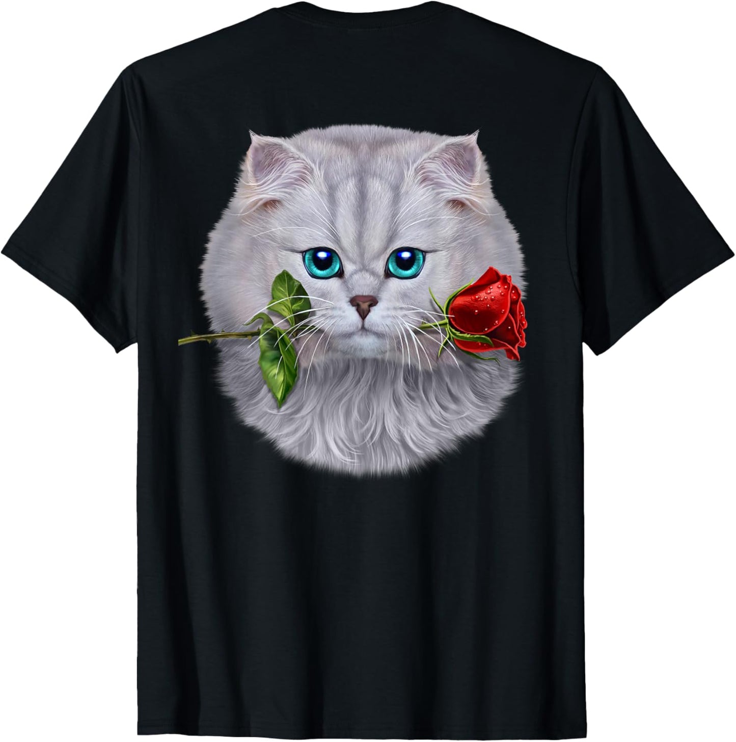 Romantic Fluffy White Cat Biting on a Rose Flower T-Shirt