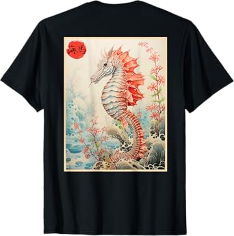 Vintage Japanese Scenery Seahorse Ocean fish Kanji ART BACK T-Shirt