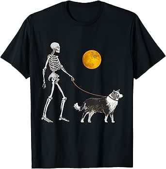 Border Collie Skeleton Dog Walking Halloween Costume T-Shirt for Men Women Girls Kids