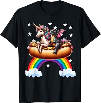 Unicorn Riding Hot Dog Boys Girls Women Kids Teens Dinosaur T-Shirt