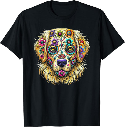 Golden Retriever Day of the Dead Halloween Sugar Skull Dog T-Shirt