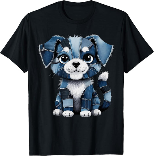 Cute Dog Denim Patchwork Art For Dog Lovers T-Shirt