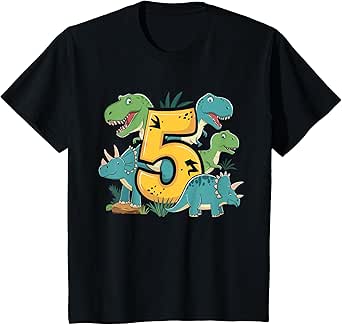 Kids 5th Birthday 5 Years Old Boy T Rex Dinosaur Dino T-Shirt