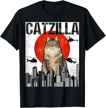 Funny Vintage Japanese Catzilla Norwegian Forest Cat Men Women T-Shirt