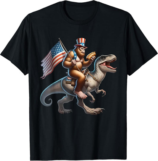 Patriotic Bigfoot Sasquatch Riding Dinosaur 4th Of July T-Shirt
