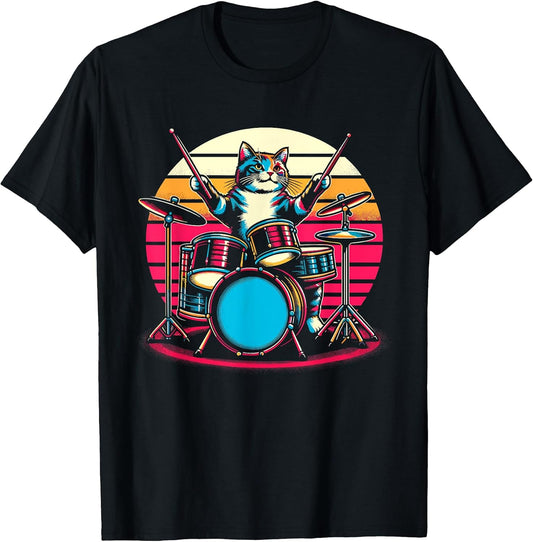 Cat Playing Drums Drummer Novelty Music Lover Funny Drummer T-Shirt
