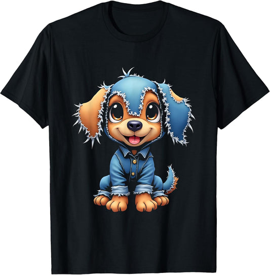 Retro Dog Patch Denim Look Funny Animal T-Shirt