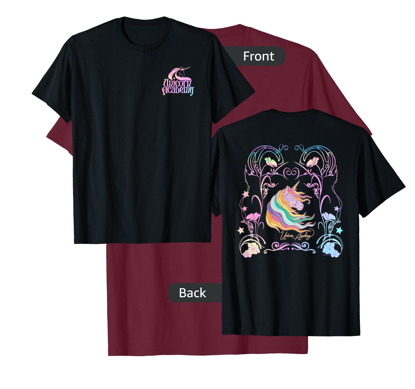 Unicorn Academy Enchanting Graphic Logo Front and Back Print T-Shirt