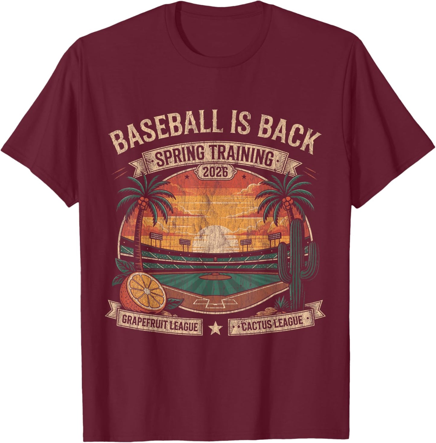 Spring Training Baseball is Back 2026 Retro Stadium Sunset T-Shirt T-Shirt - T-Shirt | Maroon