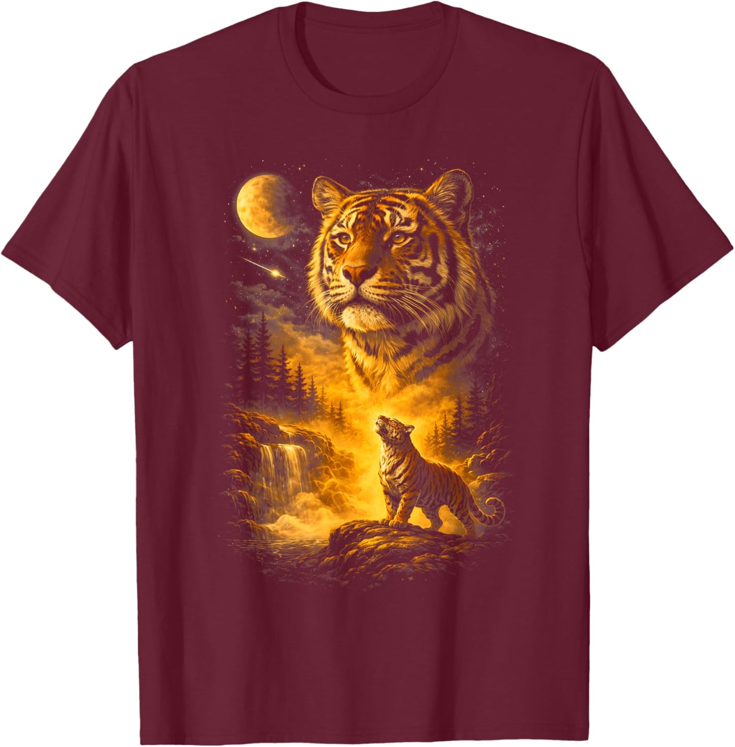 Tiger Howling to The Moon Meme 90s Animal Print Graphic T-Shirt - T-Shirt | Maroon