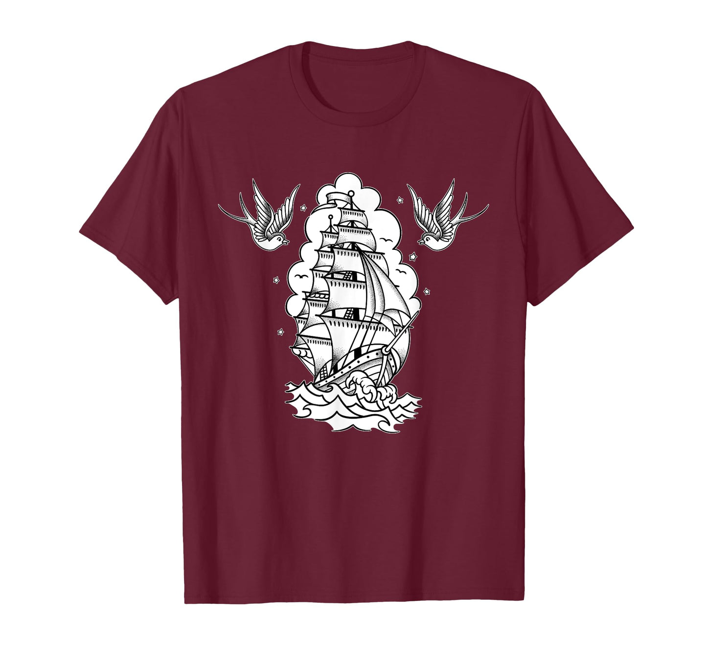 Old School Sailor Tattoo Clipper Ship and Swallows T-Shirt