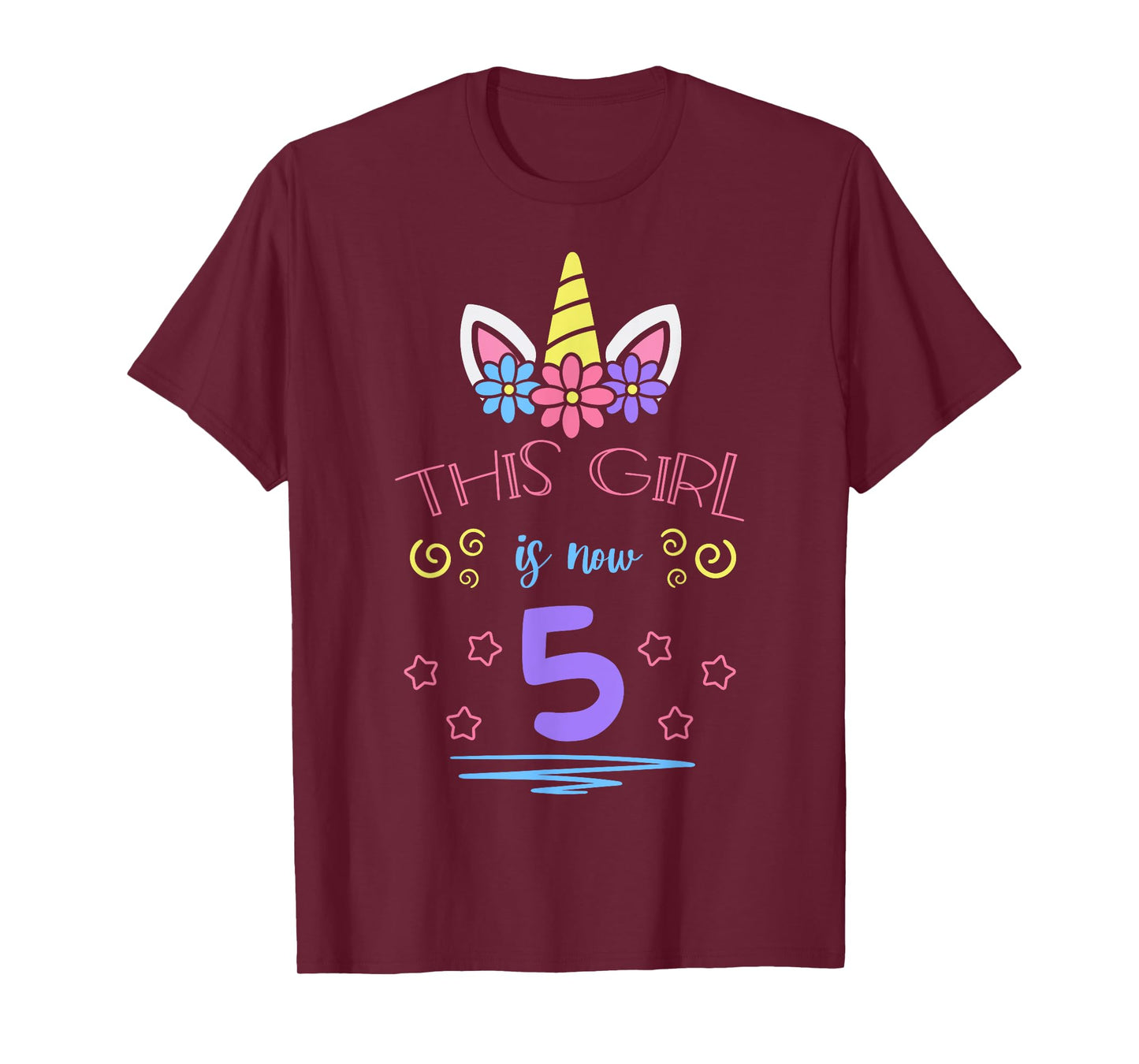 This Girl Is Now 5 Birthday Unicorn Floral Horn Theme Party T-Shirt