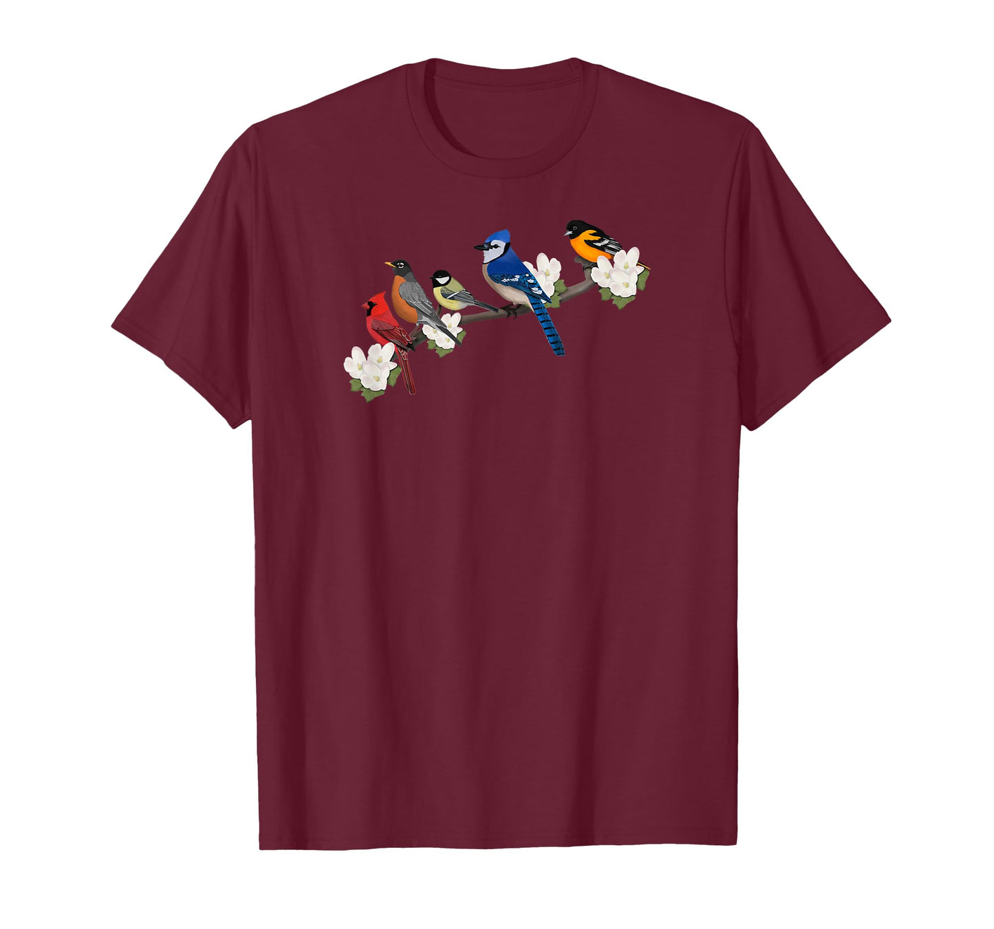 Birds on a Branch Blue Jay Cardinal Robin Bird Watching T-Shirt