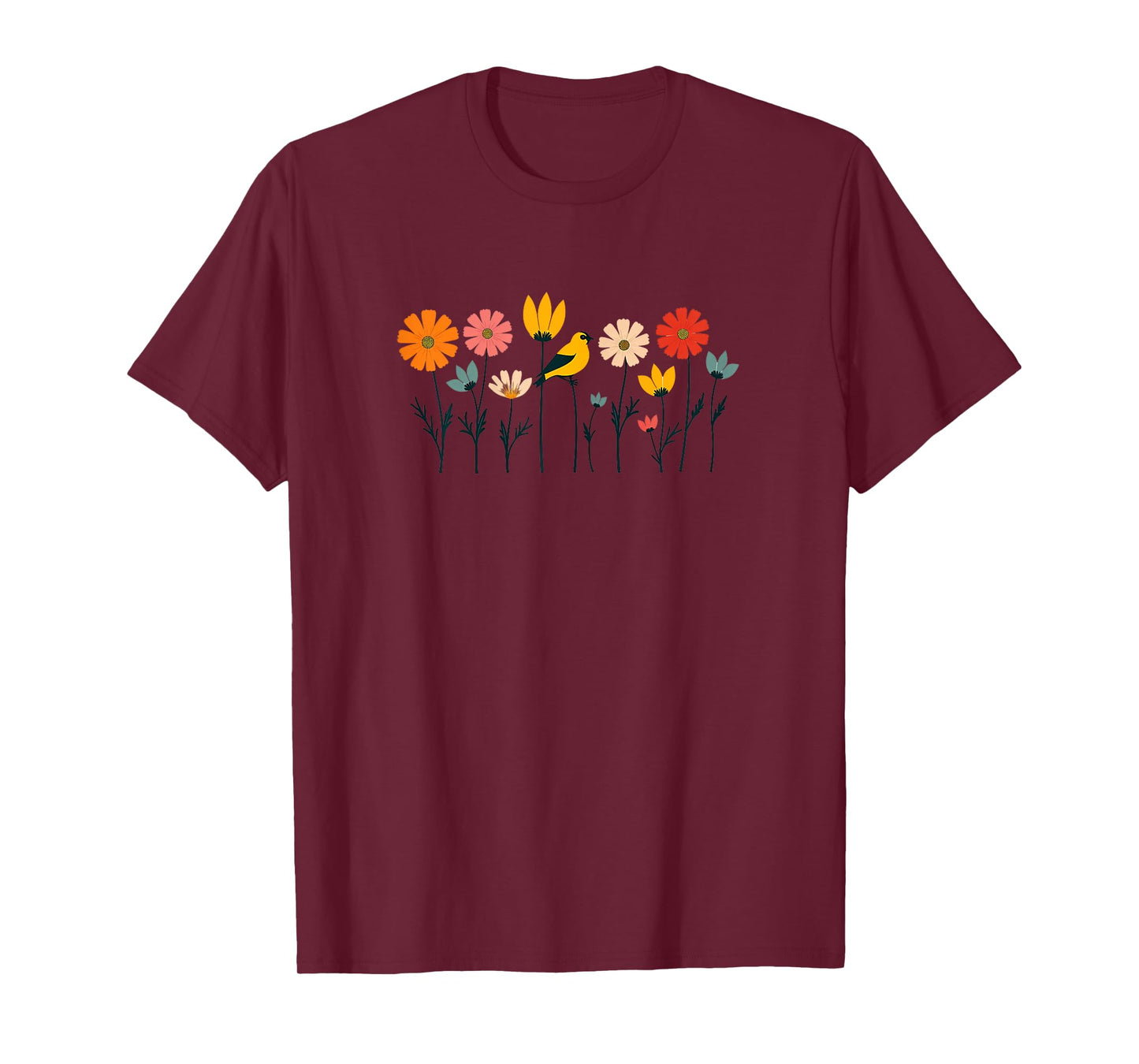 Pop Art Goldfinch and Cosmos Flowers Minimalist T-Shirt