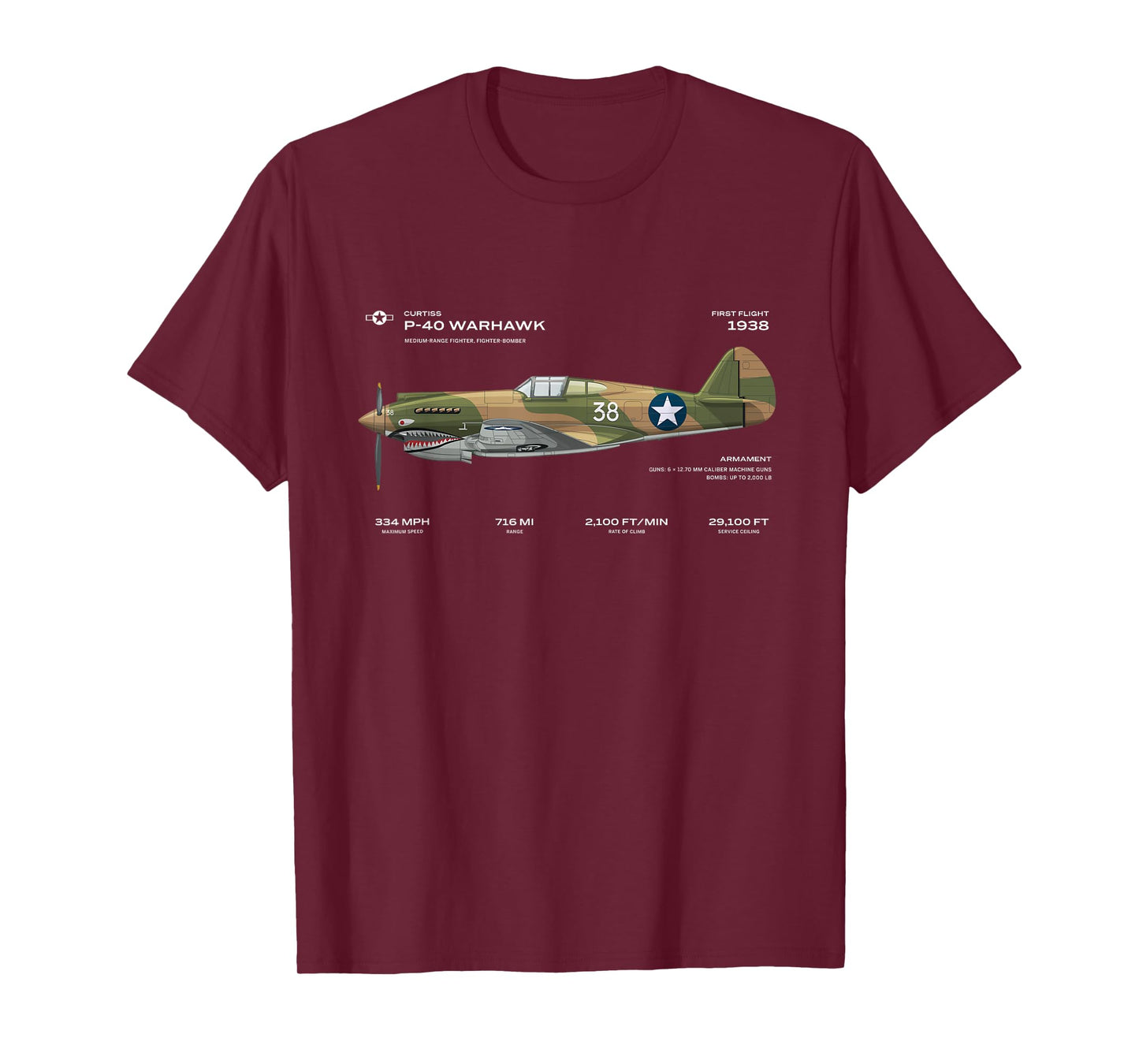 P-40 Warhawk US WWII Airplane Historic War Bird Fighter bomb T-Shirt