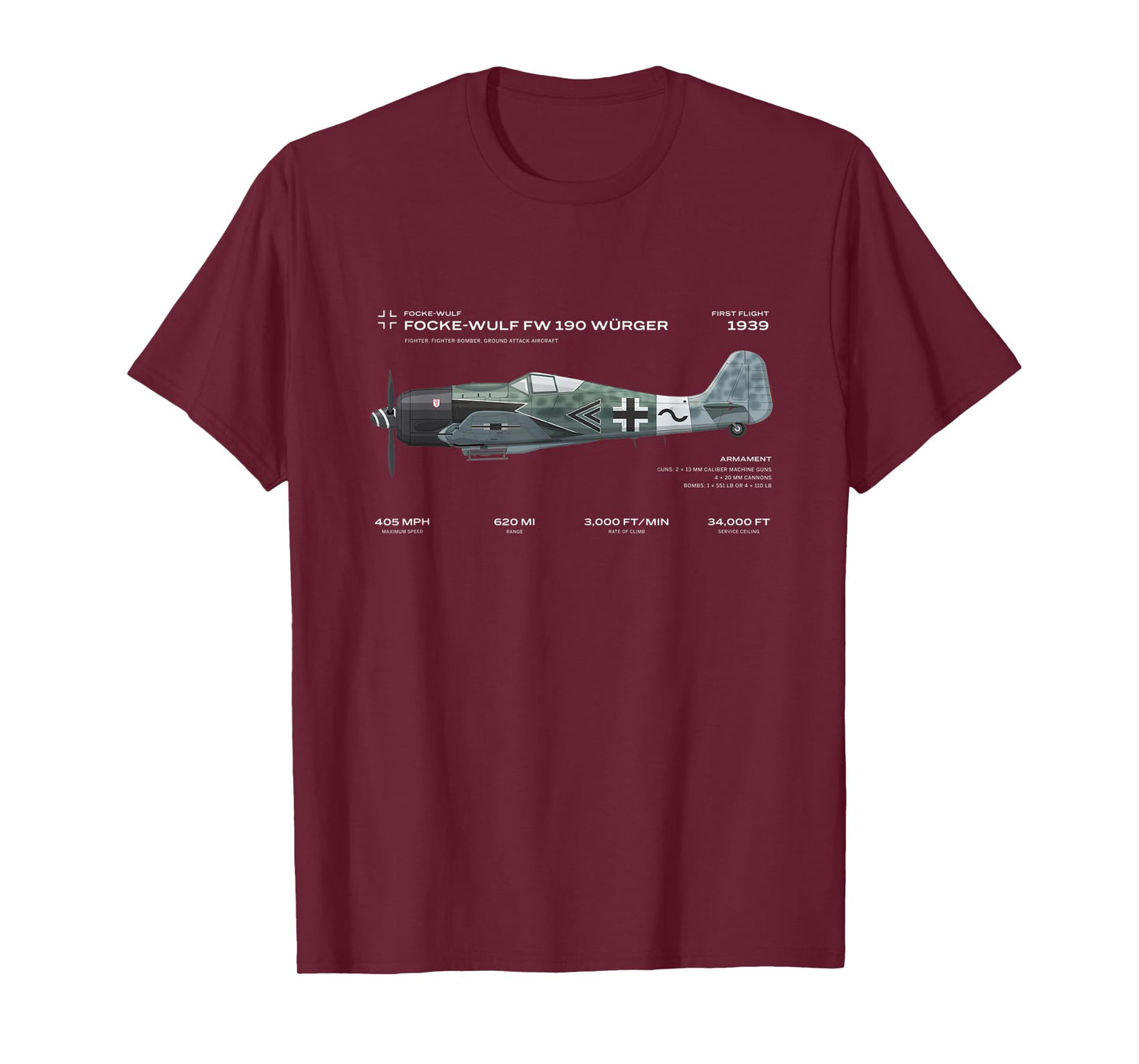 Focke Wulf Fw 190 WWII Airplane Historic War Bird Fighter T-Shirt