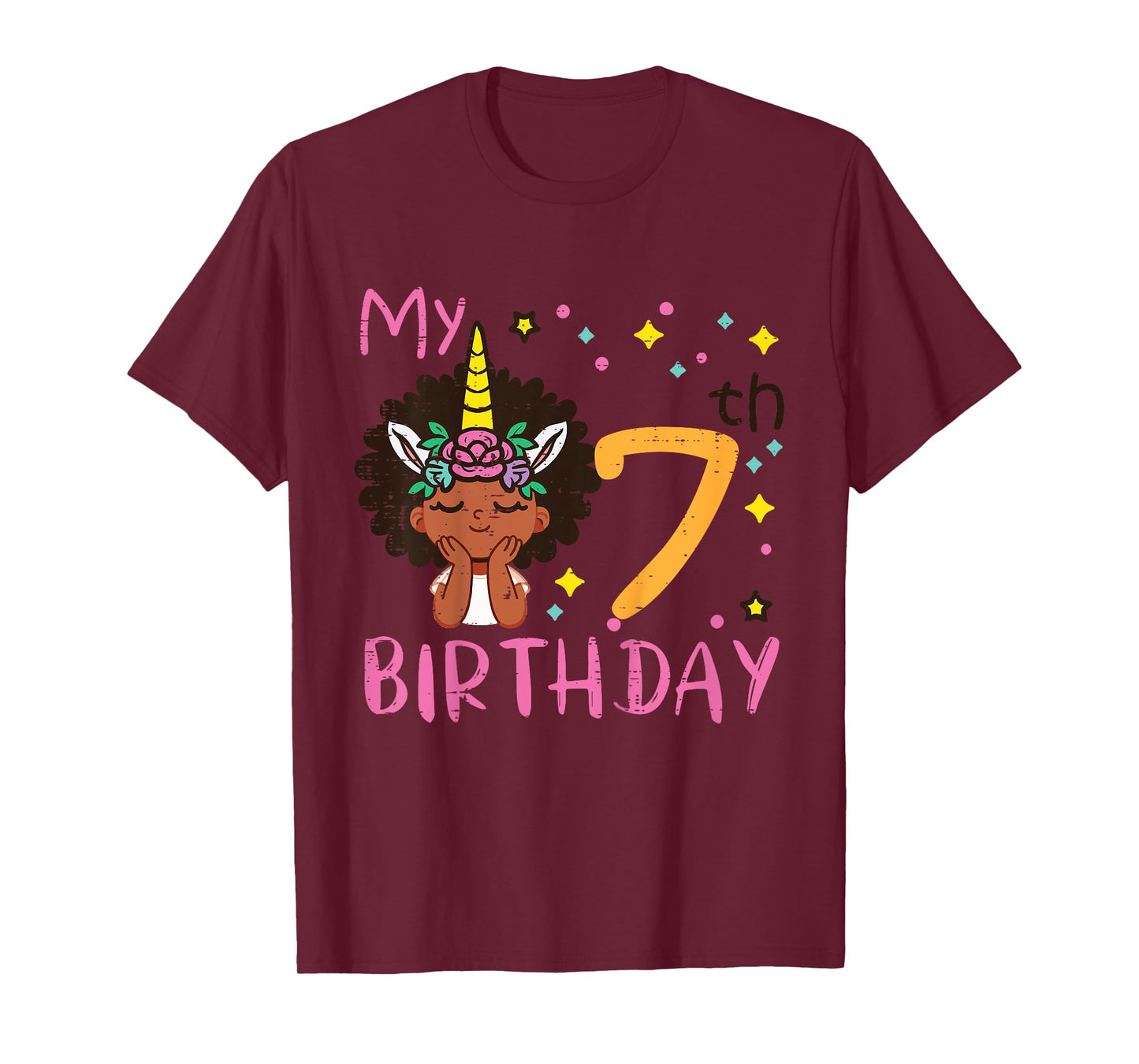 7th Birthday Afro Black Girl Unicorn 7 Year Old Bday Girls T-Shirt