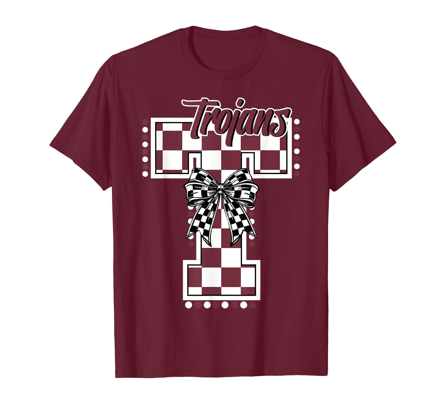 Trojans Checkered Print Trojan Letter Maroon Trojans T-Shirt
