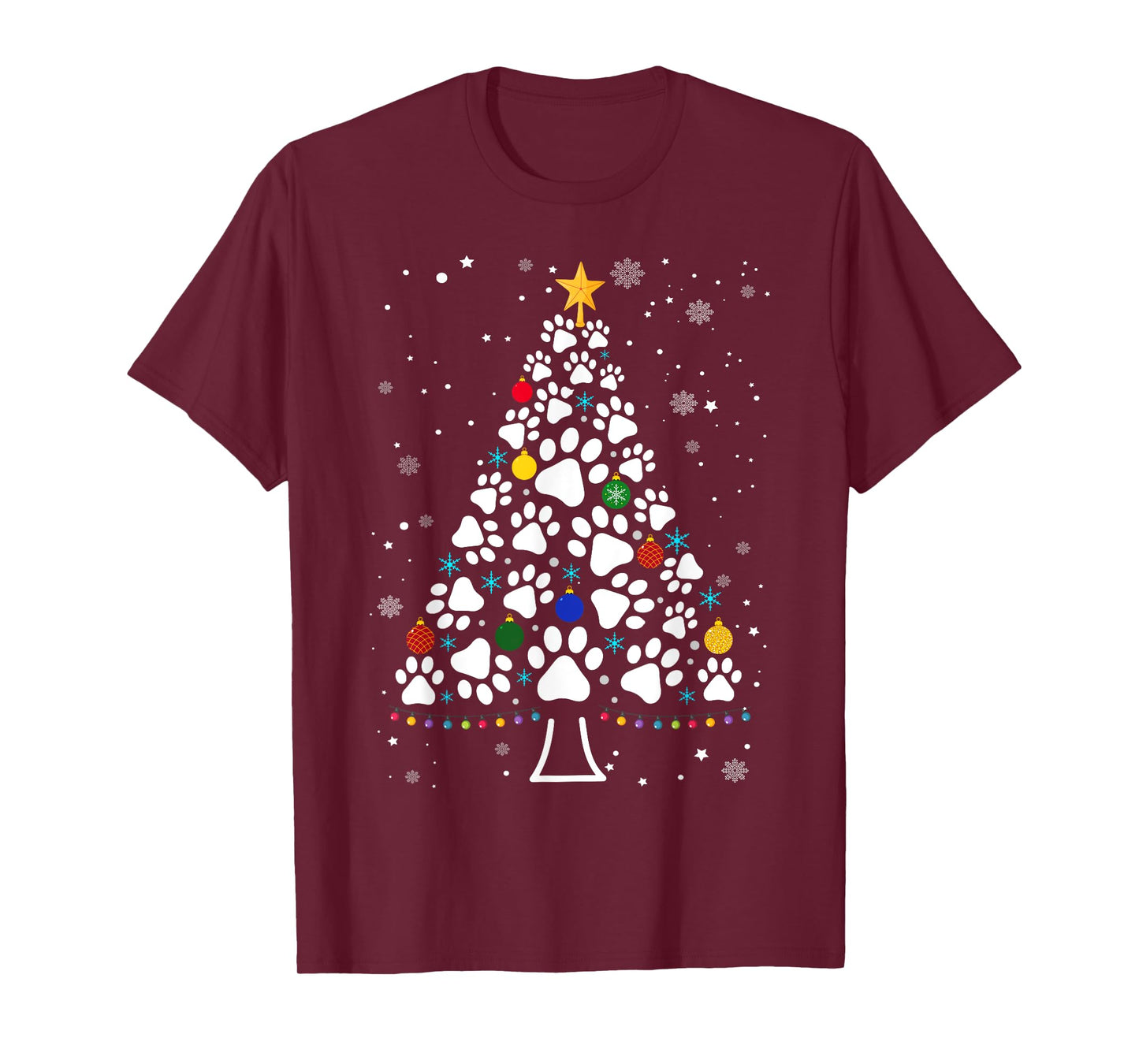 Paw Print Christmas Tree Lights Matching Family Xmas T-Shirt