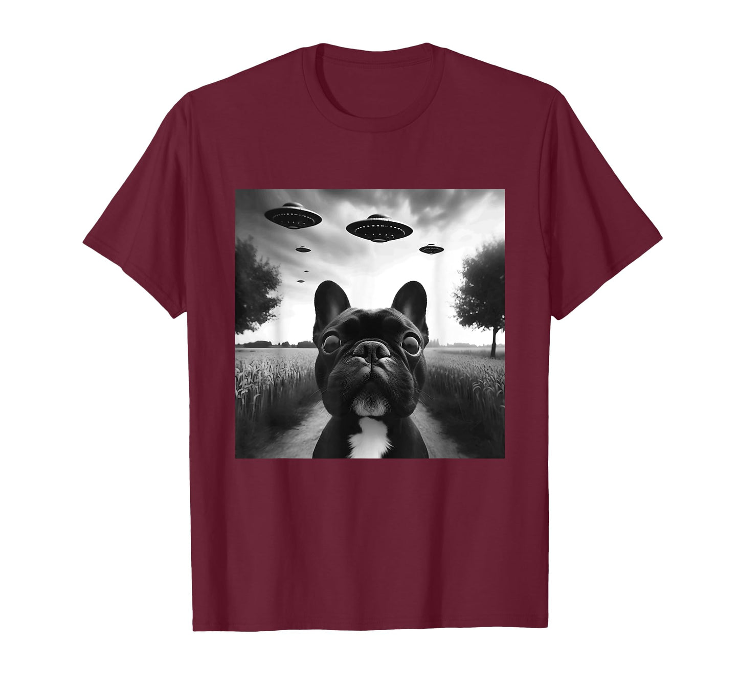 French Bulldog Funny Graphic Selfie with UFOs Weird Aliens T-Shirt