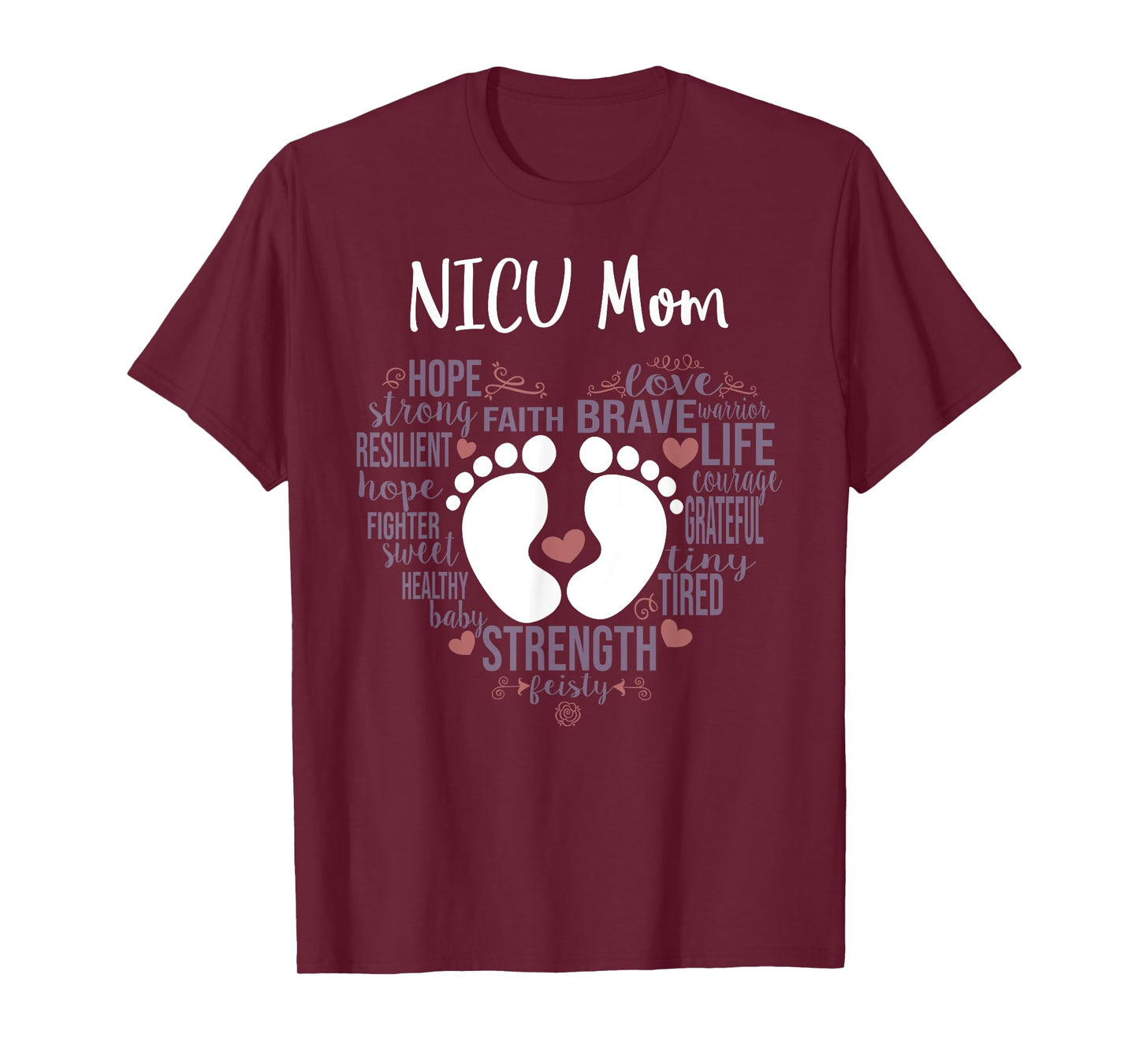Angry Owl Apparel for Preemie Moms 'NICU Mom' Unisex Black Small Classic Fit Short Sleeve T-Shirt with Heart-Shaped Word Cloud Design for Mothers of Premature/NICU Babies