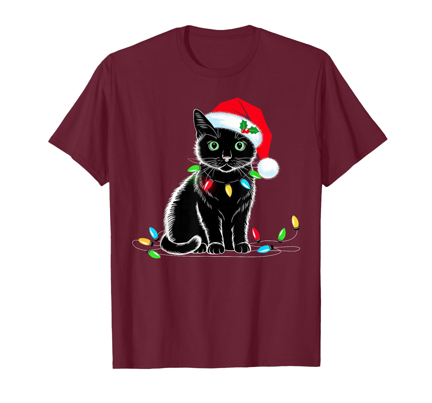 Black Cat Christmas Lights Santa Hat Funny Xmas Cat Lover Men Women Kids T-Shirt