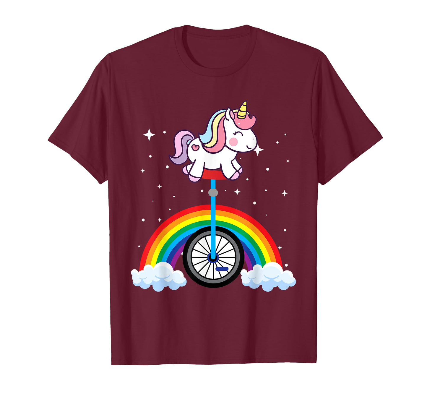 Unicorn Riding Unicycle Boys Girls Women Kids Teens Rainbow T-Shirt