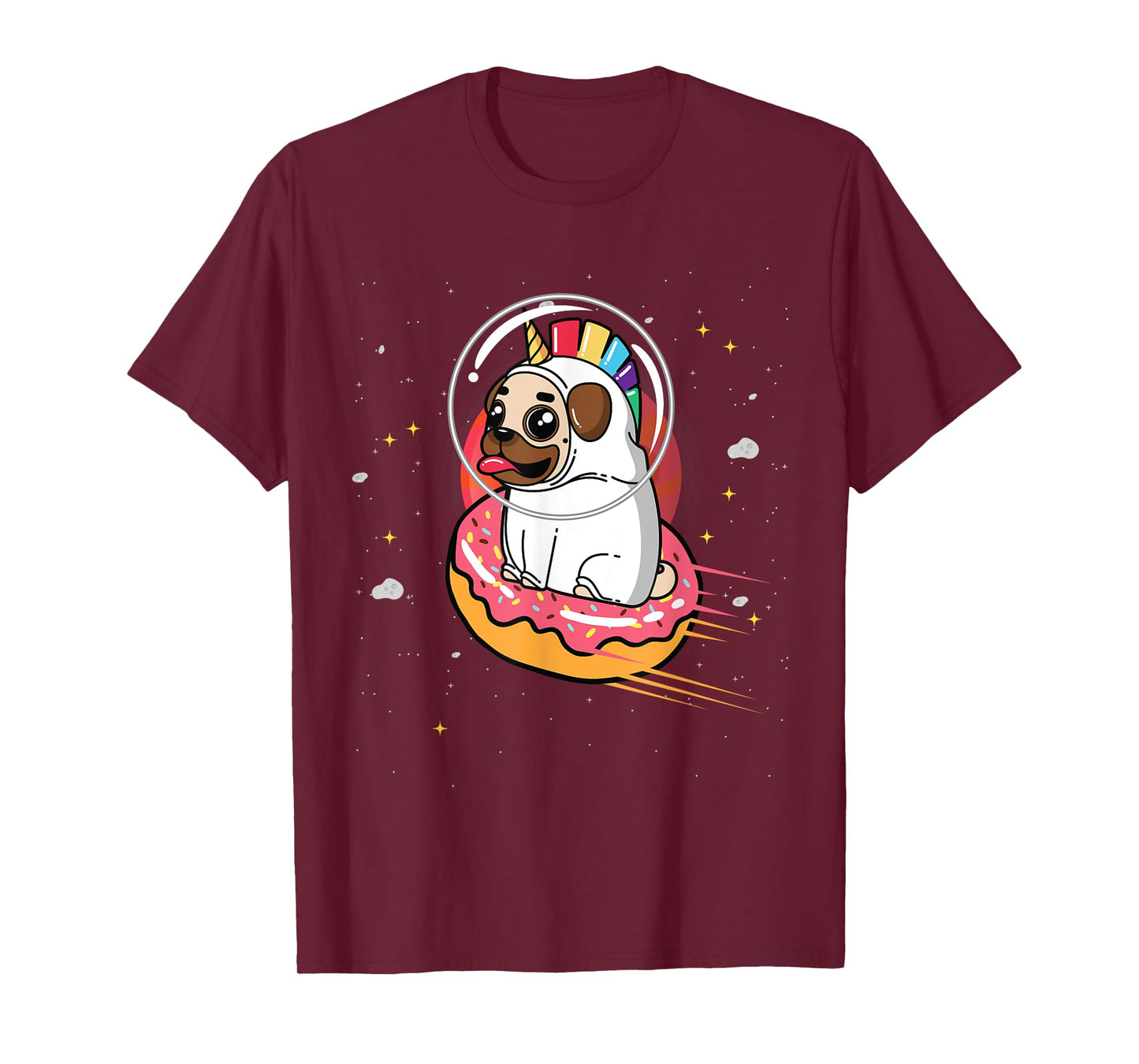Pug in Rainbow Unicorn Costume riding Donut in Space T-Shirt