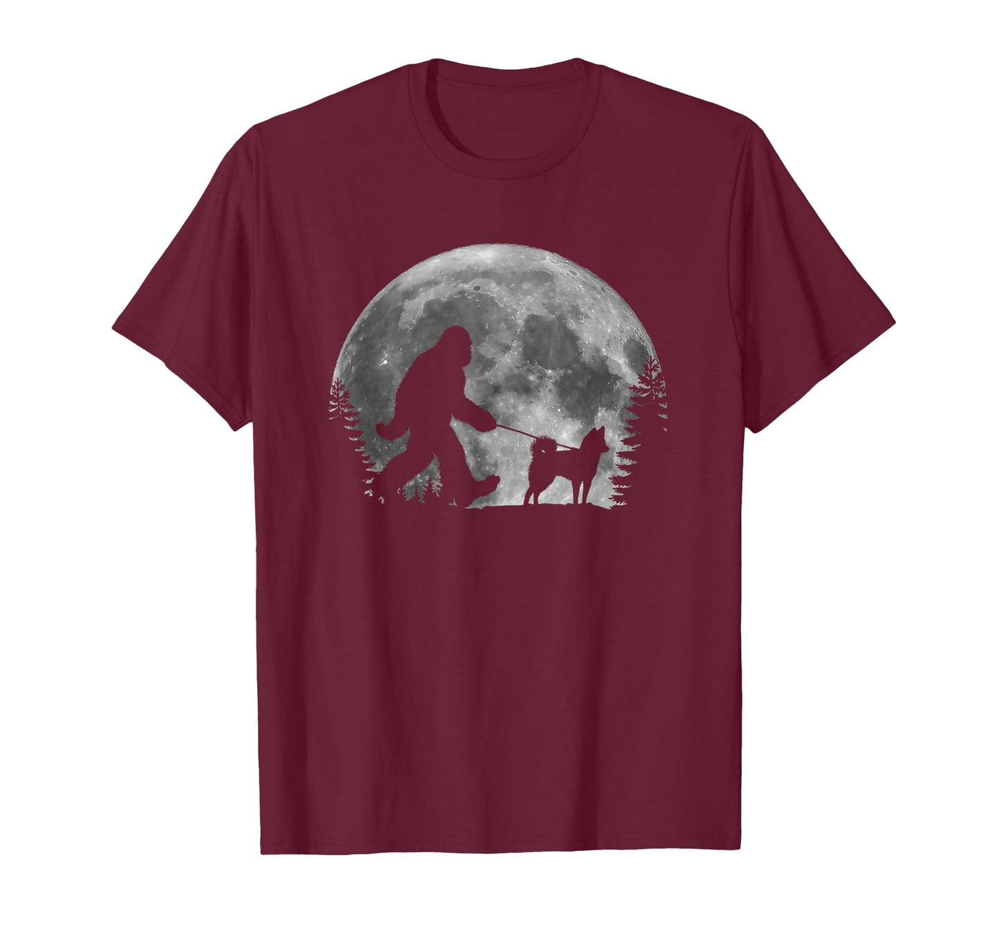 Bigfoot Walking a Dog Funny Alaskan Klee Kai Moon Halloween T-Shirt