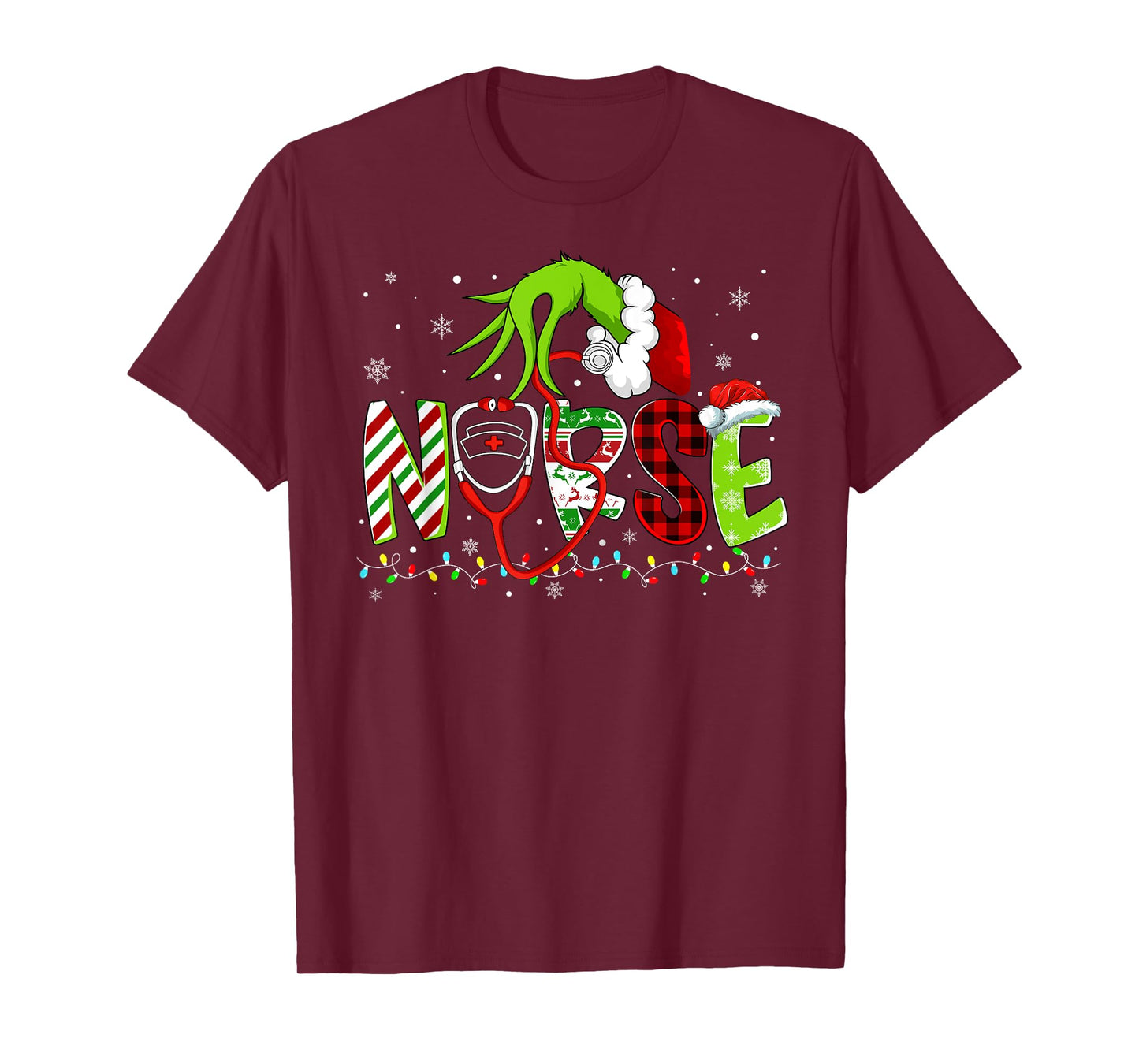 Nurse Funny Merry Christmas Stethoscope Lights Xmas Pajamas T-Shirt