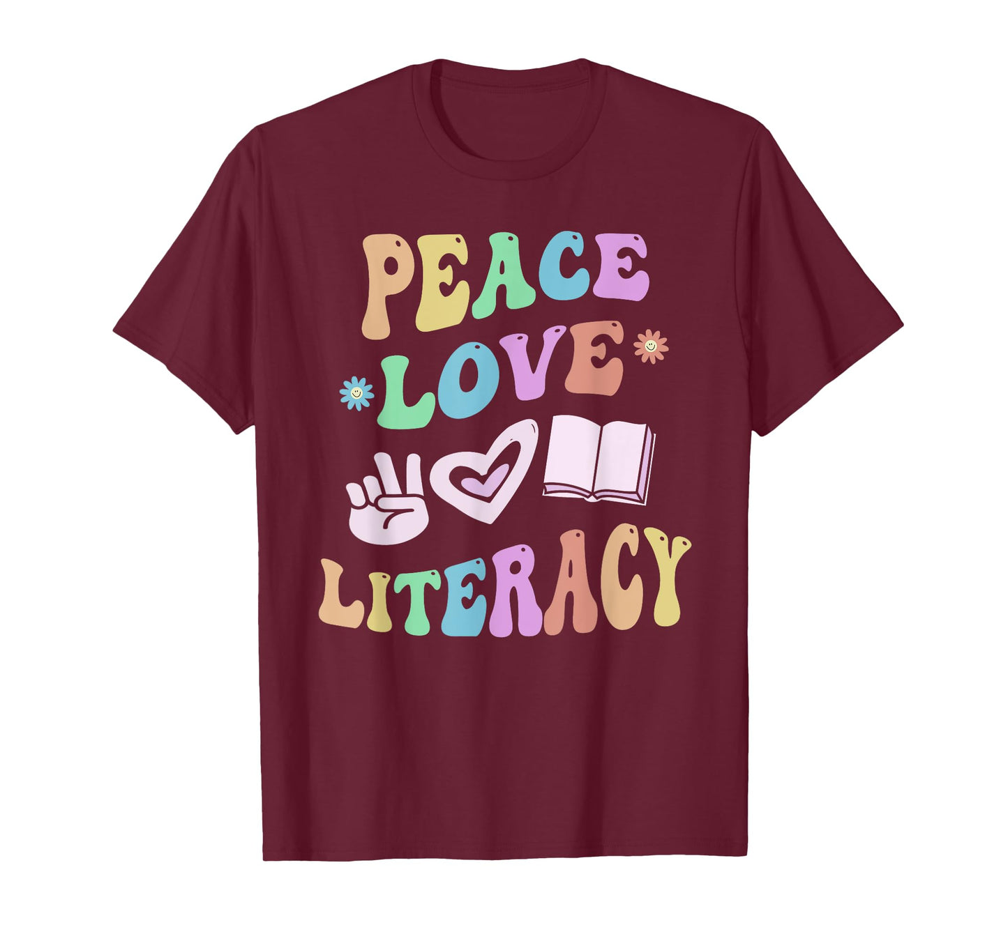 Groovy PEACE LOVE LITERACY Rocks Reading Squad Teacher Kids T-Shirt