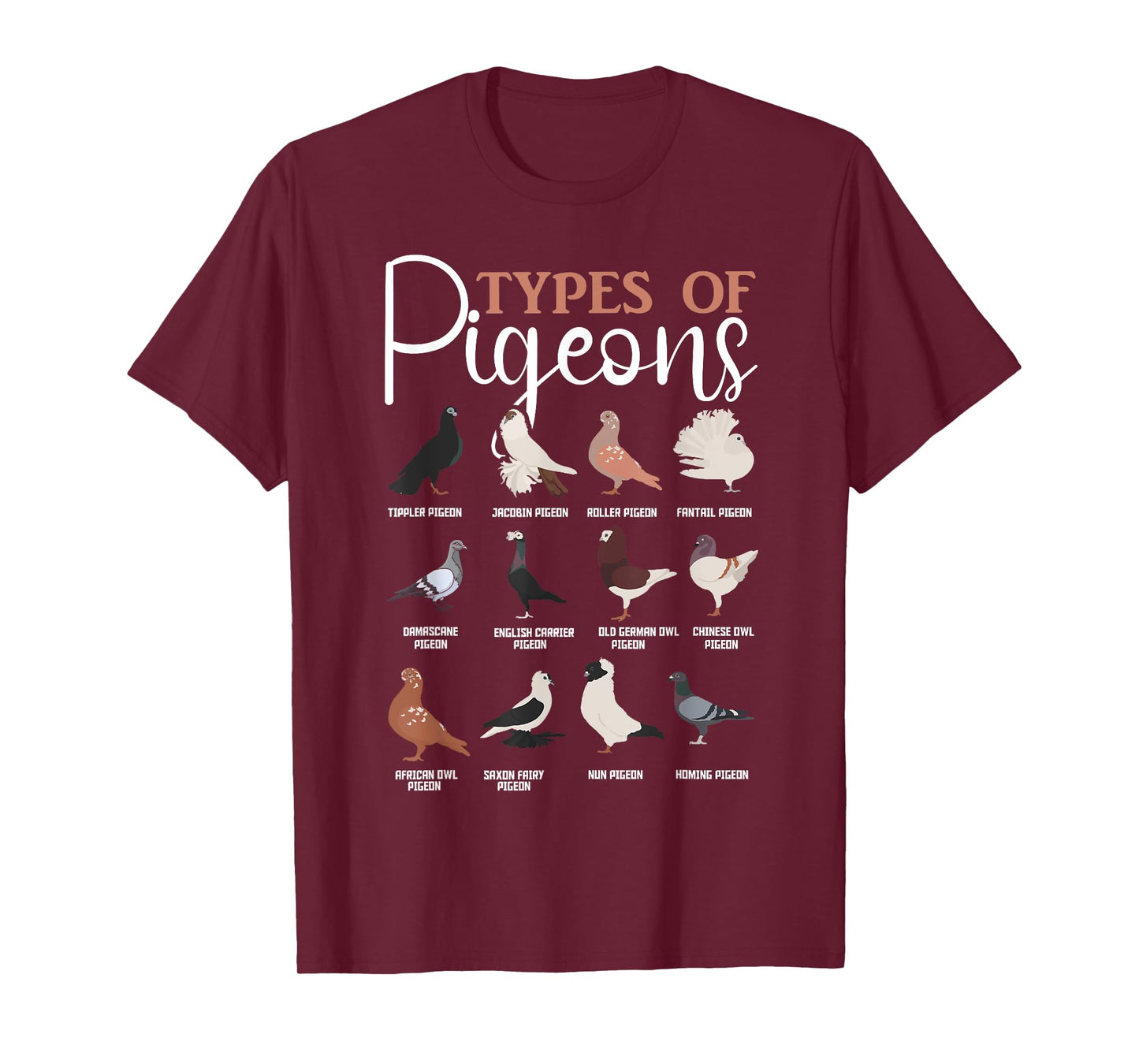 Cute Pigeons Lover Breeding Apparel Co. Types of Pigeons Tee Bird Lover Homing Pigeon Racing T-Shirt - Unisex-Adults-Kids, Black, Small