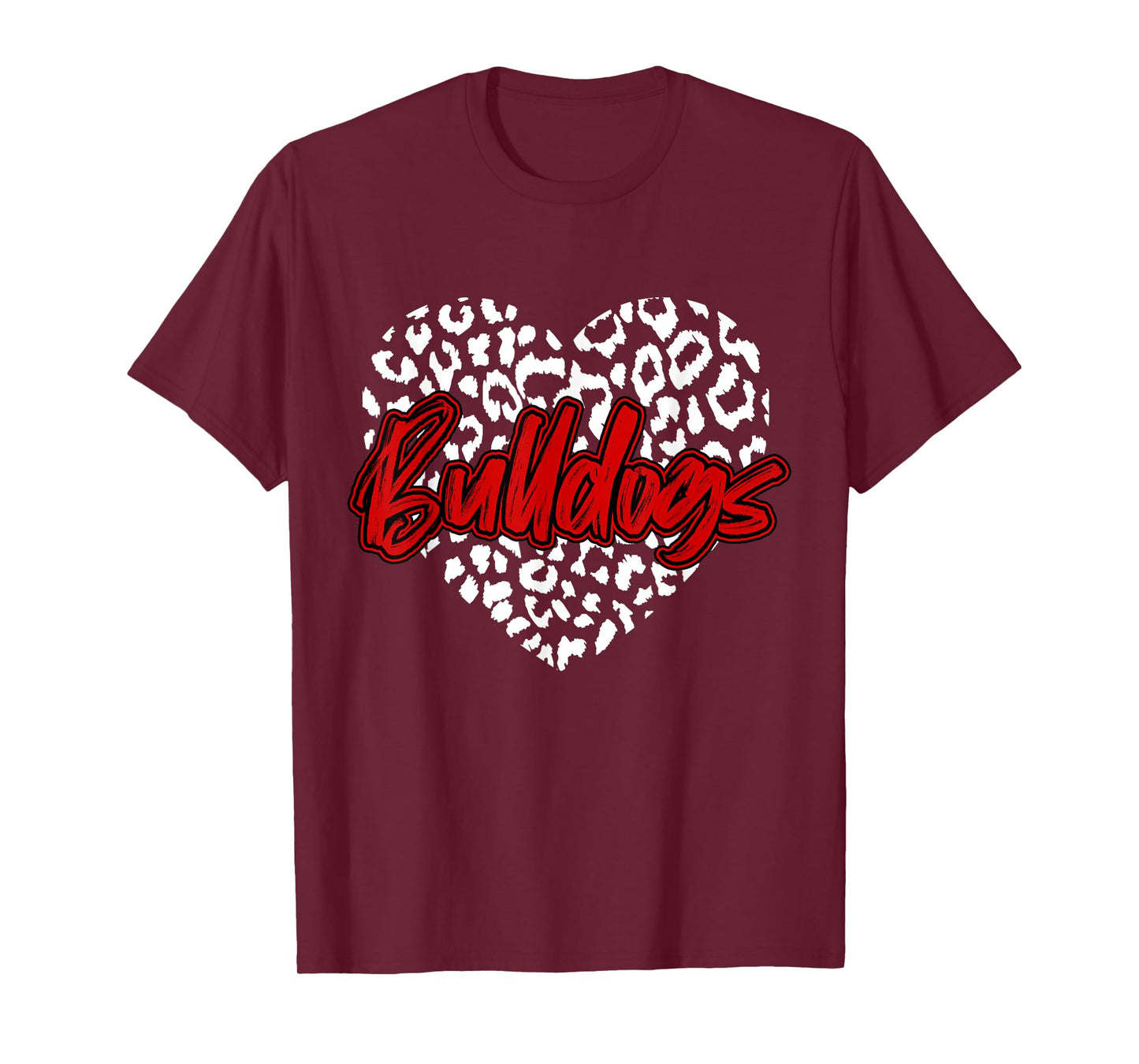 Bulldogs Red Cheetah Leopard Heart School Sports Team Spirit T-Shirt