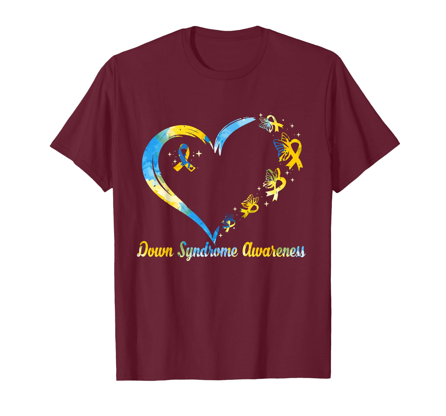 Rainbow Heart Down Syndrome Awareness Blue Yellow Ribbon T-Shirt