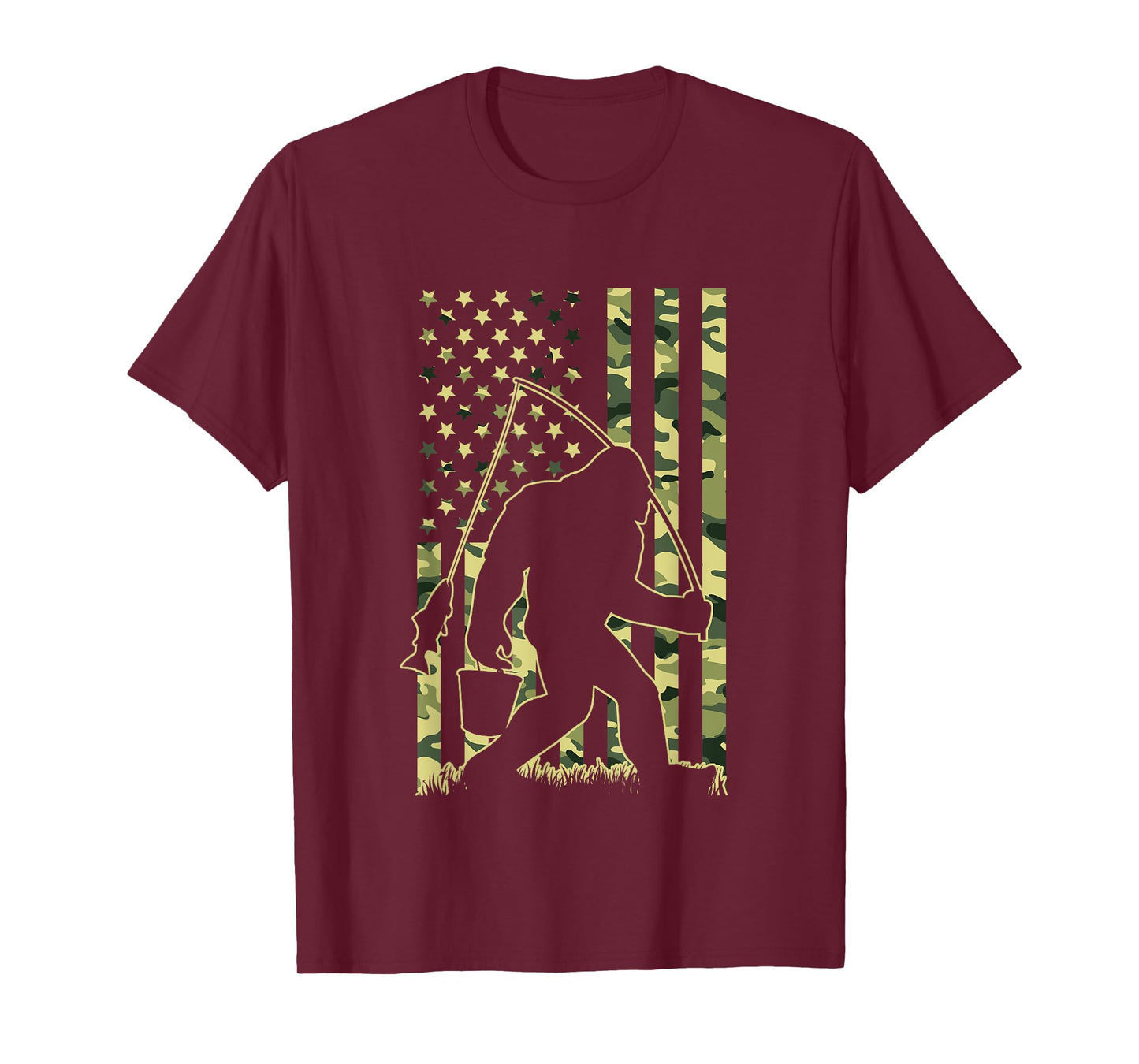 Bigfoot Fishing with Camo American Flag Funny Fisherman T-Shirt