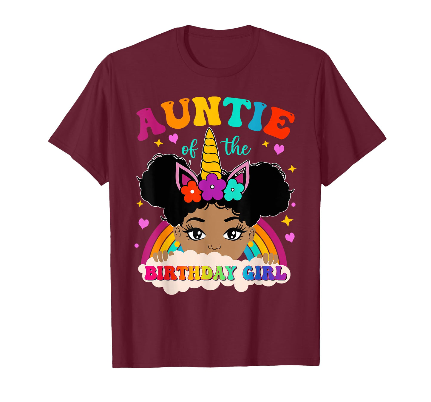Auntie of The Birthday Girl Rainbow Afro Melanin Unicorn T-Shirt