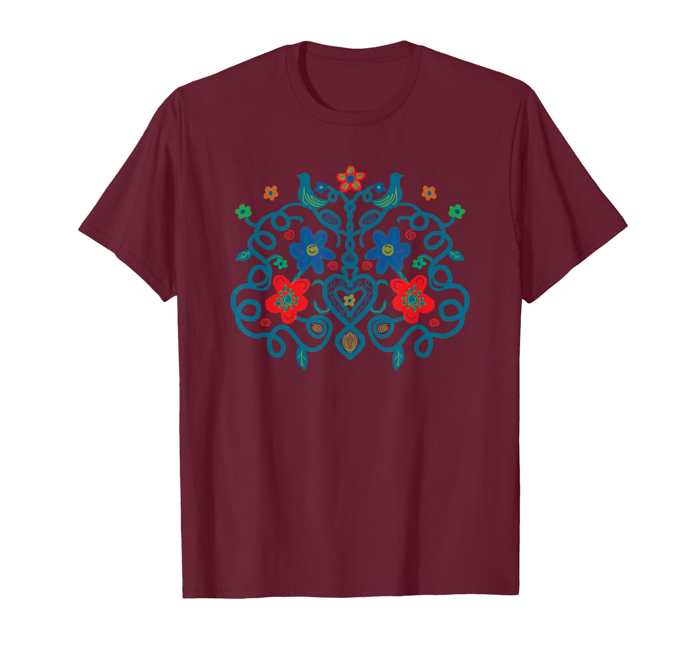 Swedish Folk Art Style Painting Birds Vines Flowers Hearts T-Shirt