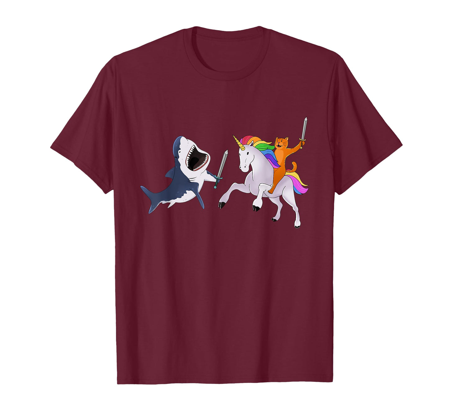 Funny Cat Riding Magical Unicorn Sword Fighting Shark T-Shirt