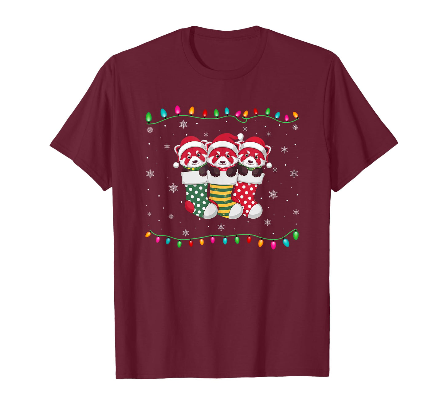 Xmas Tree Lights Funny Red Panda in Christmas Socks T-Shirt