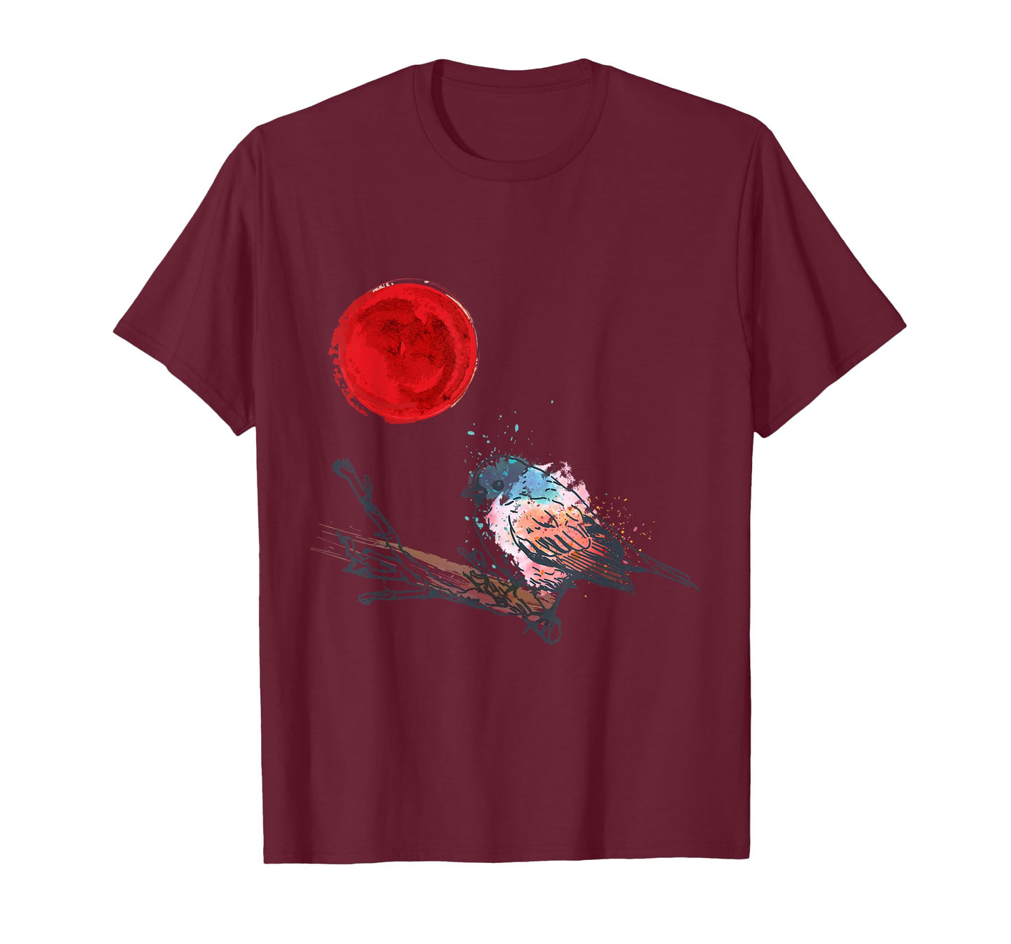 Murakami Birding Retro Colorful Bird Matching Red Moon Style T-Shirt